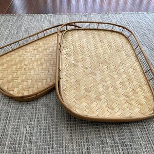 Set of Two Bamboo Woven  Mid Century Serving Trays